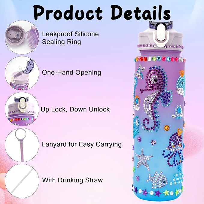 Valentines Day Gifts for Girls, Decorate Your Own Water Bottle Kits for Girls 4-12, Girls Water Bottle, Gem Stickers DIY Arts and Crafts Kits Supplies for Girls, Birthday Easter Gifts for Girls