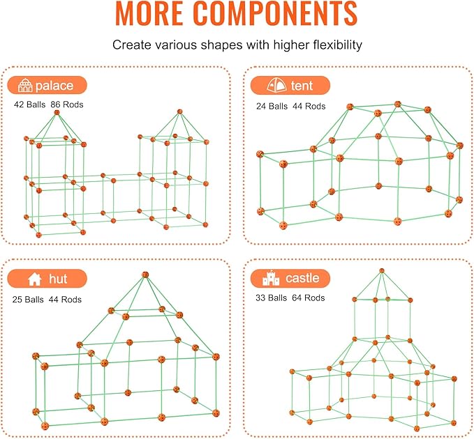 VEVOR Fort Building Kit for Kids, 140PCS Glow in The Dark STEM Building Toys, Educational Gift for 4 5 6 7 8+ Year Old Boys & Girls Indoor Outdoor Play Tent Construction Toys with 96 Rods and 44 Balls