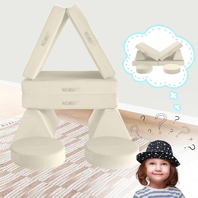 MeMoreCool Modular Kids Play Couch, Beige Foam Sofa and Fort Explorer Building Set for Toddlers and Playroom