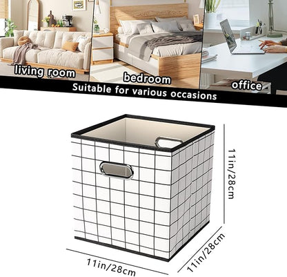 Yunkeeeper storage bins Cubes, Fabric Cube Organizer with Handle, Foldable Cube Bins for Cloth or Accessary Storage, 11x11x11, Set of 3,(White grid)