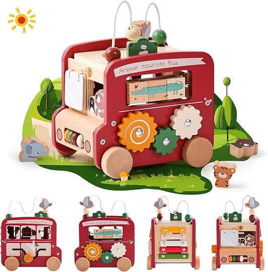 Wooden Activity Cube 8-in-1 Montessori Toys | Multifunctional Early Educational Learning Toys | Activity Cube for Baby Shape Sorter Xylophone Animal Travel Bus Toys Boy Girl Birthday Gift（Red Bus）