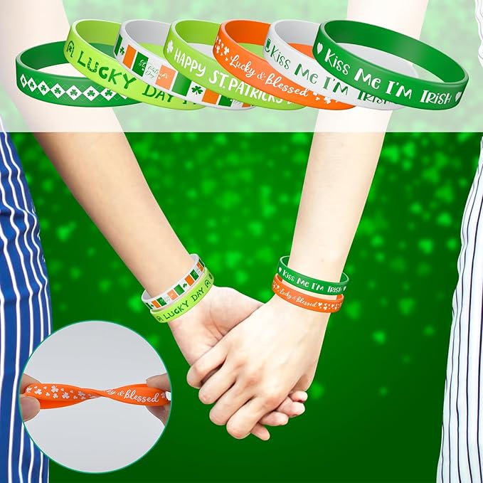 Morcheiong 42 Pieces St. Patrick's Day Shamrock Rubber Bracelets Classic Silicone Wristbands for Kids Adults Green Irish Day Party Supplies