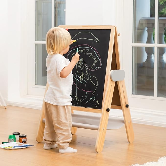 BanaSuper Kids Art Easel - Double-Sided Foldable Wooden Art Easel with Magnetic Chalkboard and Whiteboard, Portable Art Station with Paper Roll Holder for Creative Play
