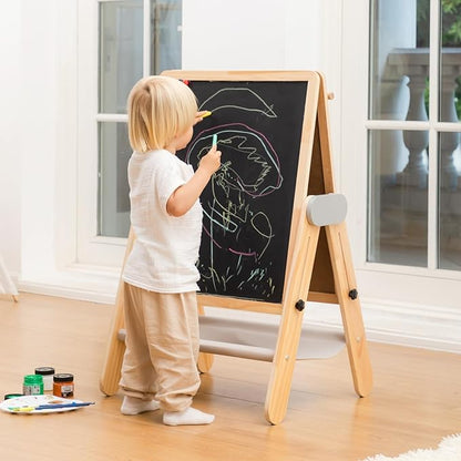 BanaSuper Kids Art Easel - Double-Sided Foldable Wooden Art Easel with Magnetic Chalkboard and Whiteboard, Portable Art Station with Paper Roll Holder for Creative Play
