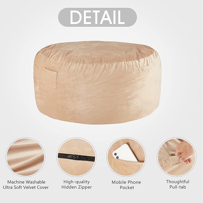 Homguava Bean Bag Chair: Giant Bean Bags with Memory Foam Filled, Large Beanbag Chairs Soft Sofa with Dutch Velet Cover 6FT(58"×58"×28")-Khaki