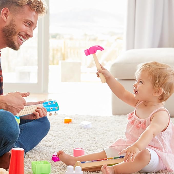 Fowecelt Wooden Hammer Toys Simulation Hammers Maintenance Tools Educational Toys for Kids Birthday Party Games Supplies (Pink)