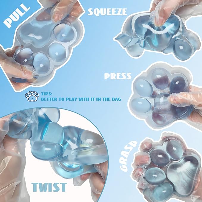 Large Cat Paw Taba Squishy Big Squeeze Toys 5-inch Blue Cute Fufu Squishy Sensory Stress Relief Fidget Toys for Party Favors Sensory Anxiety Toys for Adults (Transparent Blue)