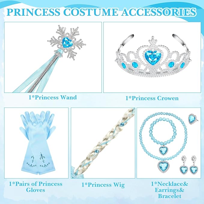 Lyrow 8 Pcs Princess Dress up Party Accessories Include Dress up Jewelry Princess Wand Princess Gloves Fake Crown Wig Ring Necklace Bracelet Earring for Girls Cosplay Costume Christmas Holiday Party