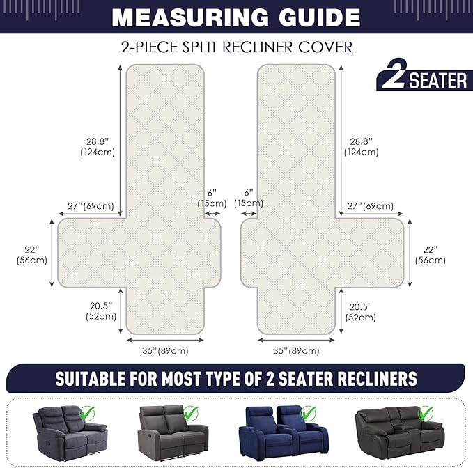 TAOCOCO 100% Waterproof Oversized Loveseat Recliner Cover, Non Slip Split Loveseat Covers for Reclining Loveseat with Elastic Straps for Kids Pets(Oversized 2 Seater, Navy Blue)