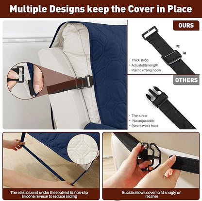 XINEAGE 100% Waterproof Recliner Chair Cover, Non Slip Covers for Recliner Chair with Pocket, Washable Dog Recliner Couch Cover with Elastic Straps (Dark Blue, 23.6")