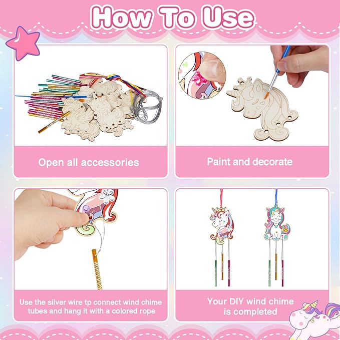 Fennoral 9 Pack Unicorns Wind Chime Kit for Kids Make Your Own Unicorns Wind Chime Wooden Arts and Crafts DIY Paint Art Activity for Christmas Party Decoration Bithday Gifts