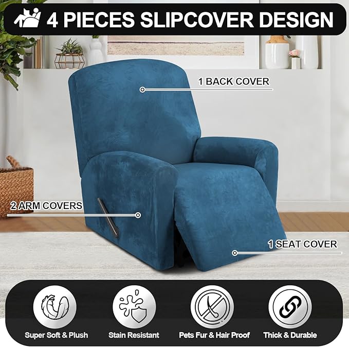 Festicorp Recliner Chair Covers Real Velvet 4-Pieces Recliner Covers for Small Lazy Boy Recliner Chair Stretch Recliner Sofa Slipcovers Furniture Protector with Side Pocket & Elastic Bottom, Deep Teal
