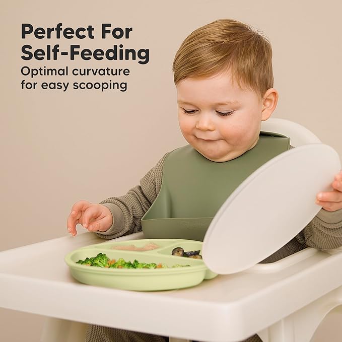 KeaBabies Suction Plates with Lids for Baby - 3-Pack 100% Silicone Suction Plates for Baby, Kids,Toddler Plates,Divided Baby Plates with Suction,Lids, BPA-Free, Microwave, Dishwasher Safe (Olives)
