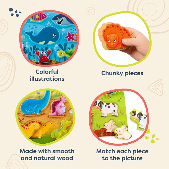 B. toys- Peek & Explore 3-Pack - Farm, Sea, Dinos- Chunky Puzzle 3-Pack – Wooden Puzzles- 8 Pieces Each – 2 Years +
