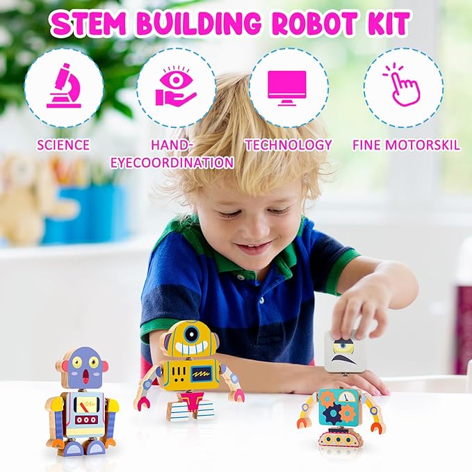 Wooden Snap Together Robot Toys, Fine Motor Building Robot Blocks for Kids, STEM Montessori Educational Learning Toy, Gift for 3 4 5 6+ Years Old Boy Girl Kids