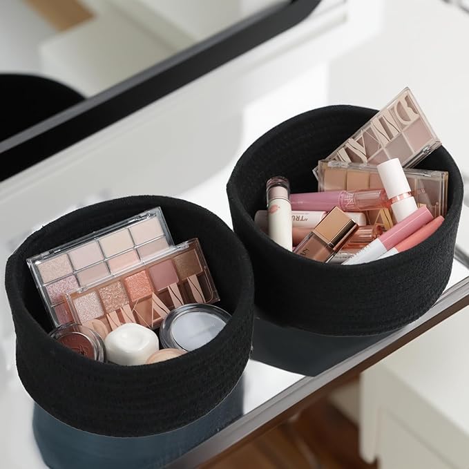 Small Basket, Set of 3 Woven Baskets, Cotton Rope Small Baskets for Organizing, Cute Mini Tiny Storage Basket for Gifts, Decorative Boho Round Bathroom Organization Bin (Black)