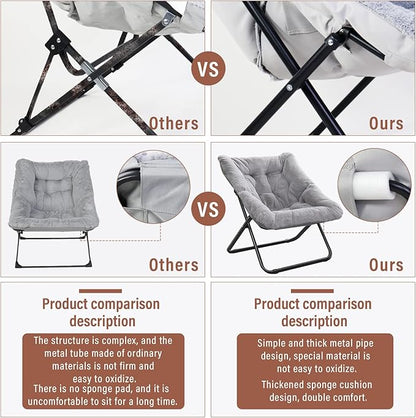 Tiita Comfy Saucer Chair, Soft Faux Fur Oversized Folding Accent Chair, Lounge Lazy Chair for Kids Teens Adults, Metal Frame Moon Chair for Bedroom, Living Room, Dorm Rooms, X-Large, Grey