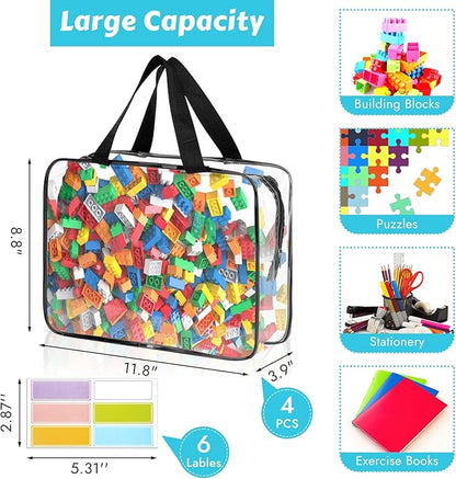 4 Pack Toy Storage Bags, Clear PVC Toy Organizer with Zipper, Large Black Waterproof Reusable Toy Bags with Labels for Puzzles, Building Blocks, Board Game, Stationery, Kids Books