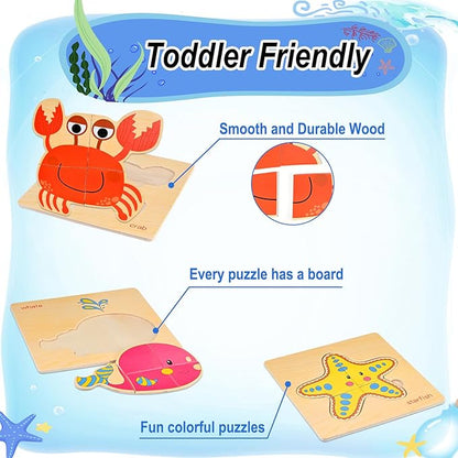 8pcs Wooden Puzzles for Toddlers 1-3, Toddler Puzzles Ages 2-4, Montessori Toys for 1-3+ Years Girl Boy, Sea Animal Puzzle for Kids, Jigsaw Puzzles Educational Toys Preschool Puzzles for 1-3