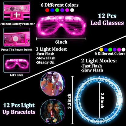 148 PCS New Years Eve Glow in the Dark Party Supplies Favors- 24 Pcs 16" Foam Glow Sticks+12 Pcs LED Glasses+12 Pcs Light Up Bracelets+100Pcs Glow Sticks Bulk Party Pack for Birthday Wedding Carnival