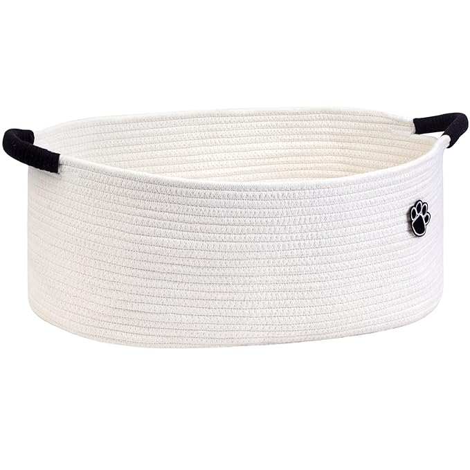 Optish Dog Toy Basket, Toy Box and Bin for Dog Cat Storage, 19.7" X 11" X 7.9" (30L) Large Woven Basket for Blanket Storage, Rope Baskets for Living Room, Bedroom, White