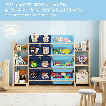 EXPERLAM Extra Large Toy Storage - Toy Storage Organizer, Wooden Toy Organizer with 6 Side Shelves and 12 Bins, 3-in-1 Bookshelf for Kids Rooms, Bedroom, Playroom, Nursery, Blue