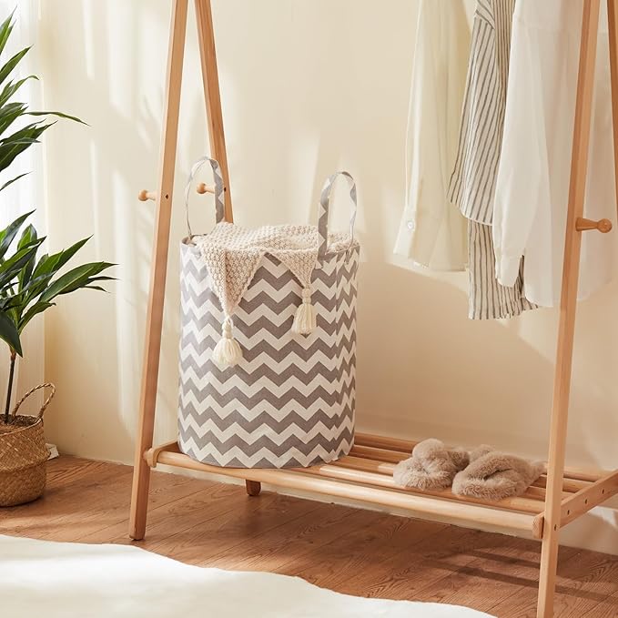 Baby Laundry Basket with Long Handles, 63L Collapsible Kids Laundry Hamper, Toy Storage Basket for Nursery, Bedroom Decor for Girls and Boys (Grey Chevron)