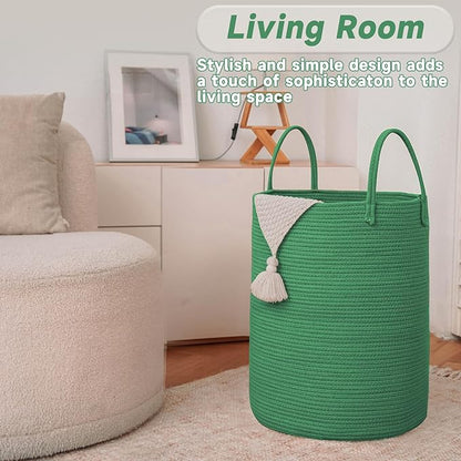JMvicyroam Large Woven Laundry Basket Hamper,100L Cotton Rope Storage Bin for Blankets,Toys and Clothes,Decorative Tall Nursery Hamper for Living Room,Baby Nursery,Bathroom and Bedroom,Dark Green