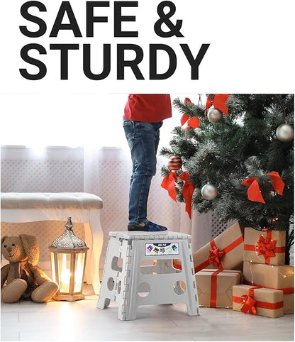 Delxo Folding Step Stool, 13 inch Non-Slip Foldable Stools for Kids & Adults Up to 300 LBS, Step Stool with Handle, Lightweight for Kitchen, Bathroom, Bedroom, Garden, Grey, 1PC