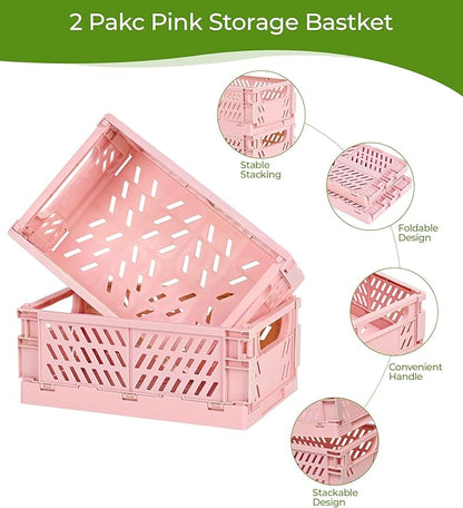 HUUSMOT 4-Pack Small Pastel Plastic Storage Baskets, Collapsible Crates for Organizing, Space-Saving Mini Bins for Classroom, Kitchen, Office, Bedroom (Pink, 9.8" x 6.5" x 3.8")