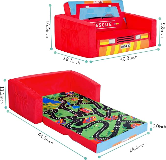 MallBest Kids Sofas, Extra Wide Toddler Couch Bed - 2 in 1 Baby Convertible Foam Chair to Lounger,Toddler Couch for Boys and Girls,Red/Fire Truck