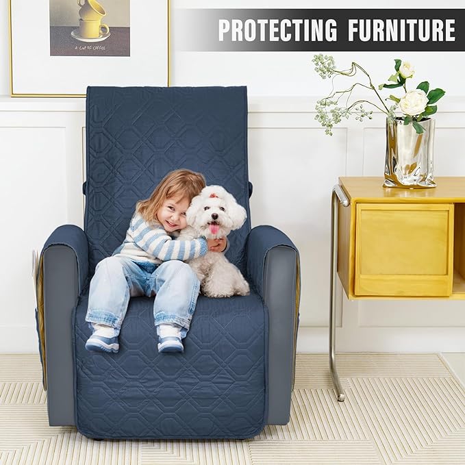Recliner Chair Cover Sofa Slipcover Non-Slip Chair Couch Cover Machine Washable Furniture Protector with Straps for Dogs(Blue, 23inch Recliner)