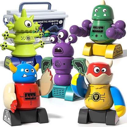 Magnetic Robot Toy for Kids 3-5, 35 PCS STEM Educational Playset with Storage Box, DIY Stacking Monster Robots, Toddler Creative Alien Toys Gift for Boys Girls (Christmas Birthday)