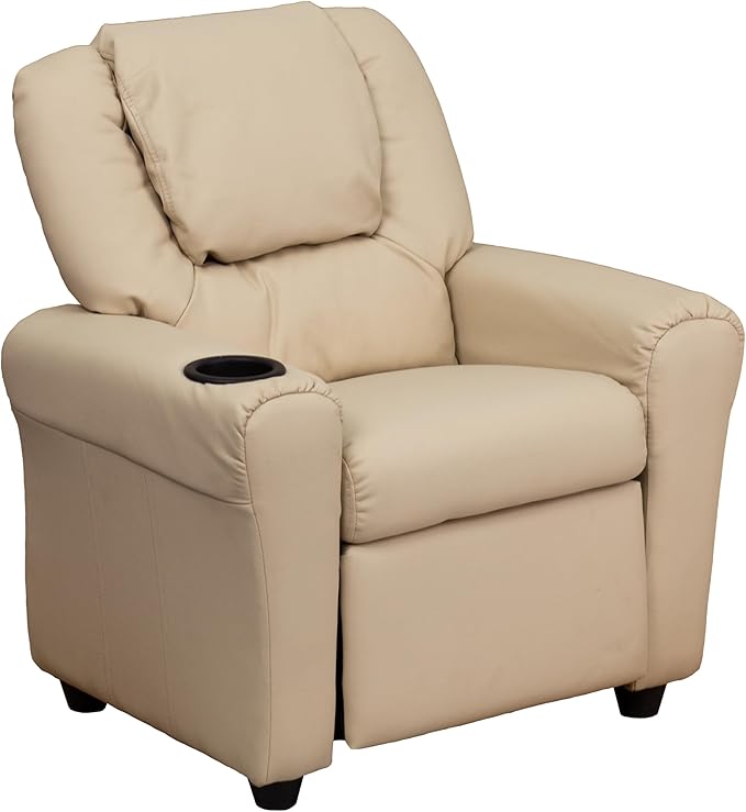 Flash Furniture Vana Vinyl Kids Recliner with Cup Holder, Headrest, and Safety Recline, Contemporary Reclining Chair for Kids, Supports up to 90 lbs., Beige