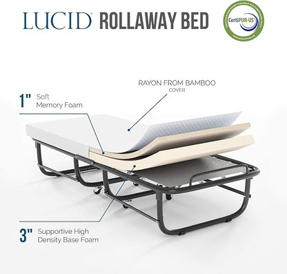 Lucid Rollaway Folding Guest Bed with 4 Inch Memory Foam Mattress- Rolling Cot- Easy Storage-Cot Size Bed