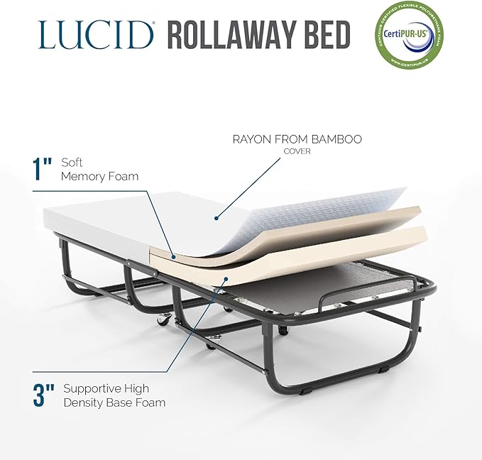 Lucid Rollaway Folding Guest Bed with 4 Inch Memory Foam Mattress- Rolling Cot- Easy Storage-Cot Size Bed