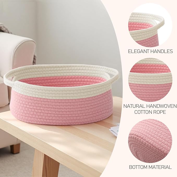 JMvicyroam Woven Basket,Small Rope Storage Bin with Handles & Ribbon Bag, Organizer for Shelves Closets,Gift Basket Empty for Birthday,Books,Dog Toys, White&Pink/3 Pack