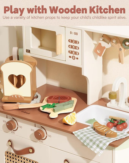 ROBUD 16pcs Kids Play Kitchen Knife Set - Wooden Cooking Playset, Montessori-Inspired Pretend Kitchen Toys for Toddlers, Role Play Gift for Boys and Girls