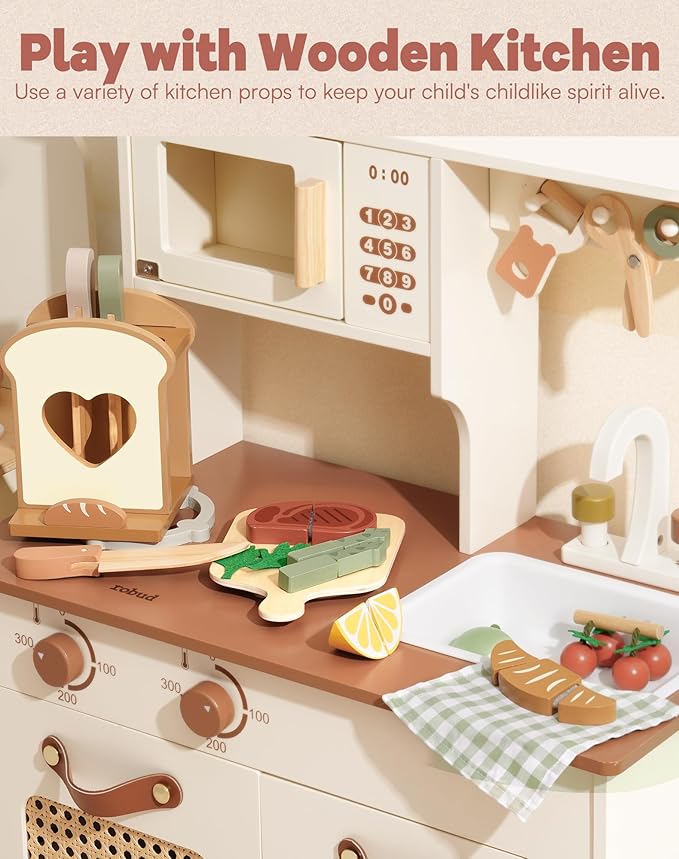 ROBOTIME Play Toy Food for Play Kitchen, Wooden Kids Play Kitchen Knife Set – Kids Kitchen Accessories with Cutting Board, Wooden Fruits, Vegetables, Bread, and Cooking Tools for Toddlers Boys Girls