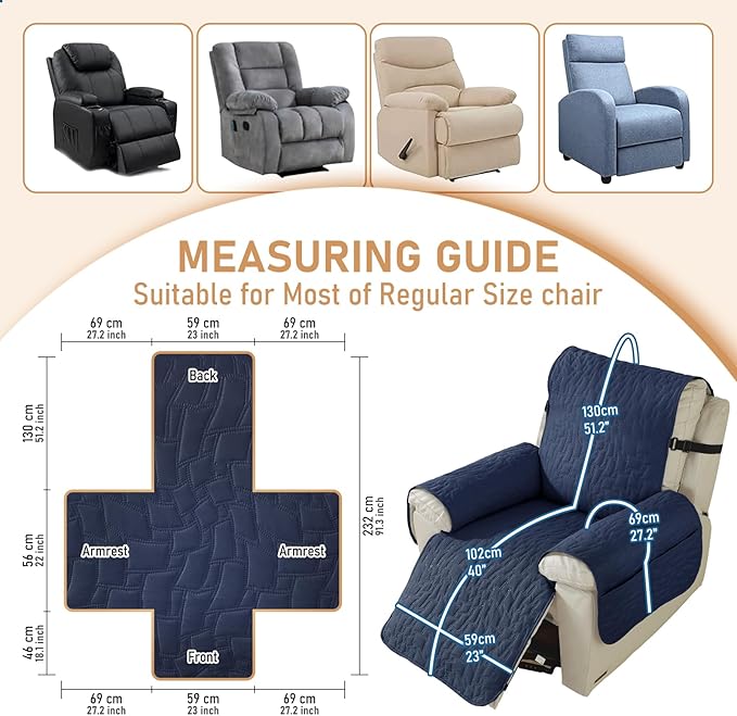 Recliner Covers That Stay in Place, 100% Waterproof Non-Slip Recliner Chair Covers with Pocket, Elastic Straps, Washable Reclining Chair Protector for Kids, Pets, Dog, Cat,Dark Blue,23IN