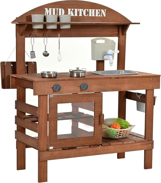 Mud Kitchen for Kids Outdoor, Kids Play Kitchen with Accessories Wooden Play Kitchen Set with Sink, Faucet, Plants Observation Room, Toddler Outdoor Mud Kitchen for Backyard Garden