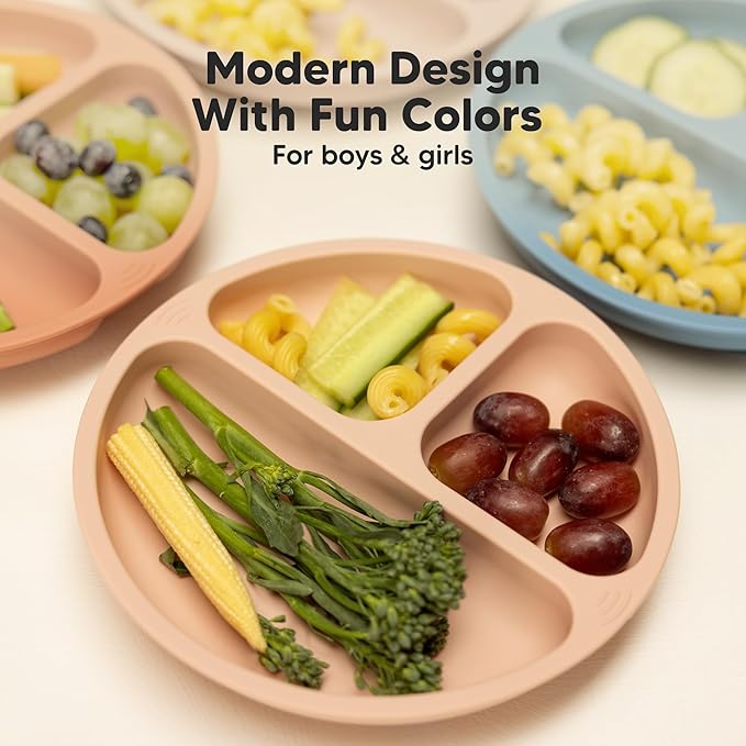 KeaBabies Suction Plates for Baby, Toddler - 3-Pack 100% Silicone Toddler Plates, Divided Baby Plates with Suction, Silicone Plates for Baby, Kids, BPA-Free, Microwave, Dishwasher Safe (Forest)