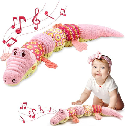 AWOTOY Baby Toys 0 to 12 Months, Musical Stuffed Animal Activity Soft Toys with Multi-Sensory Crinkle, Rattle and Textures,Infant Tummy Time Toys for Newborn Boys Girls, Crocodile, Pink