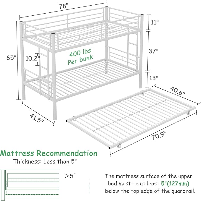 VECELO Twin Over Twin Bunk Bed with Trundle, Convertible Metal Bunkbeds with 2 Ladders and Guardrails, Space Saving, No Box Spring, White