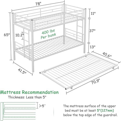 VECELO Twin Over Twin Bunk Bed with Trundle, Convertible Metal Bunkbeds with 2 Ladders and Guardrails, Space Saving, No Box Spring, White