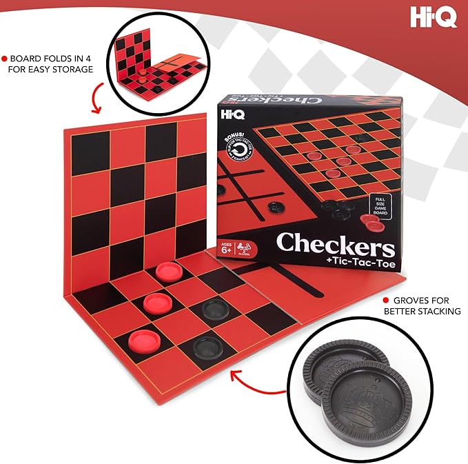 HI-Q Checkers & Tic-Tac-Toe Board Game Set – Classic Strategy for Kids & Family – Features Interlocking Stacking Pieces & Folding Board – Ages 6+