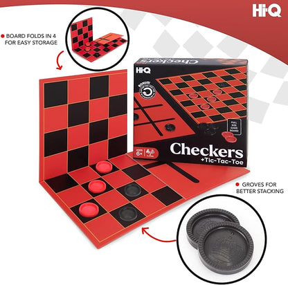 HI-Q Checkers & Tic-Tac-Toe Board Game Set – Classic Strategy for Kids & Family – Features Interlocking Stacking Pieces & Folding Board – Ages 6+