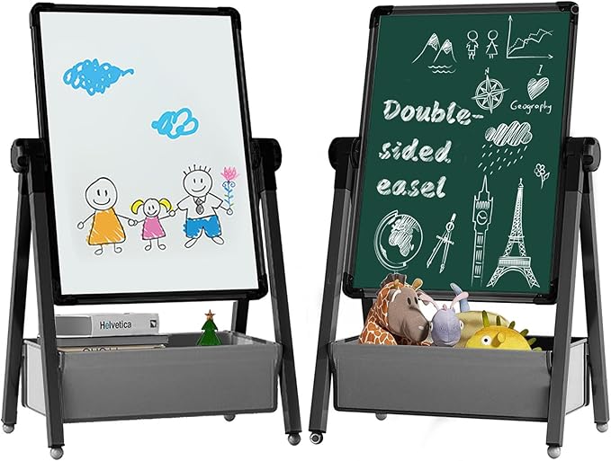 Art Easel for Kids, Double Sided Kids Easel Drawing Board, Whiteboard & Chalkboard for Kids, 360°Rotating Adjustable Kids Easel Art Set, Standing Erasable Easel Board, Easel for Classroom (Black)