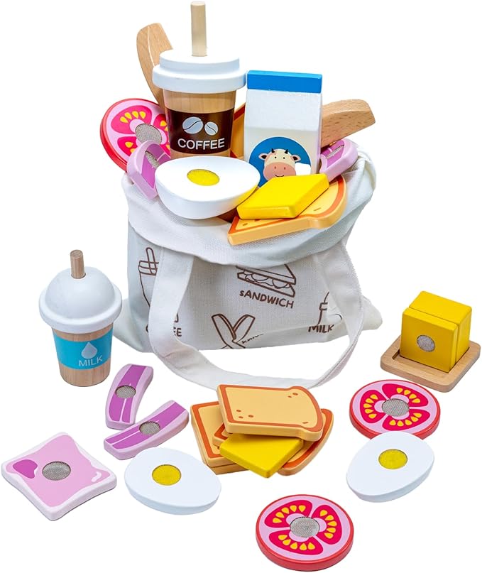 PLAZA BROTHER'S Wooden Food Playset Bakery and Picnic Toy, Kids Pretend Play Food Kitchen Accessories with Realistic Shopping Bag. Perfect for Boys and Girls 3 Years and Up