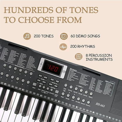 Keyboard Piano 61 Key Electric Piano Keyboard for Beginners/Professional, Full Size Light Up Music Keyboard Built-in Dual Speakers with LED Display, Stand, Music Stand, Microphone, Bench (Black A)
